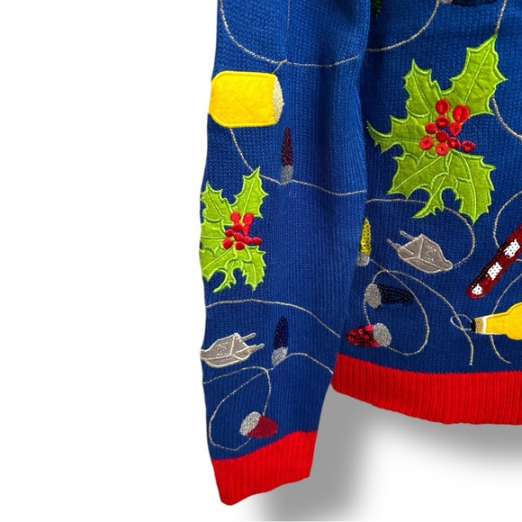 Jolly Sweaters Bright Blue Sequins Ugly Christmas Sweater Bow Tie Pullover Sz M - Picture 6 of 13